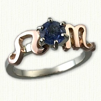 14kt White Gold Ring with 14kt Rose Leo & Scorpio Symbols, set with a .85ct round blue sapphire