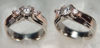Item# CD24: Platinum and 14kt rose gold engagement ring set with a center .75ct round brilliant cut diamond and two .15ct round diamonds. 6mm width band.