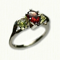 Deborah Style Engagement Ring Set with Pear Shaped Garnet and Side Peridots