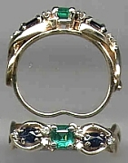 14Kt yellow gold 'Sarah' Engagement Ring set a square emerald, two oval blue sapphires and six round diamonds.